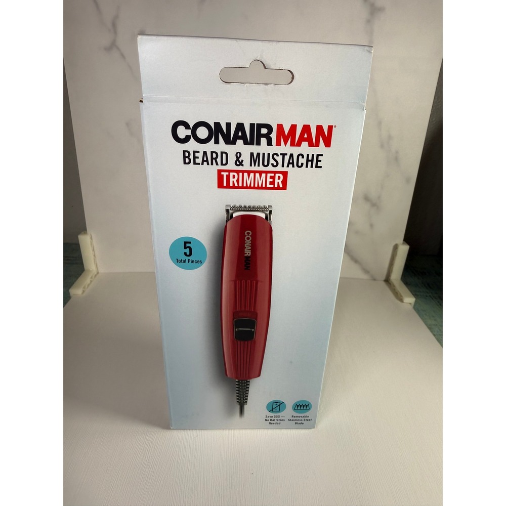 CONAIRMAN Beard Mustache Trimmer Red Corded 5 Total Pieces Stainless Steel Blade